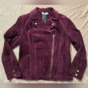 Isaac Mizrahi Live Suede Leather Moto Burgundy Wine Asymmetrical Zip Jacket US10